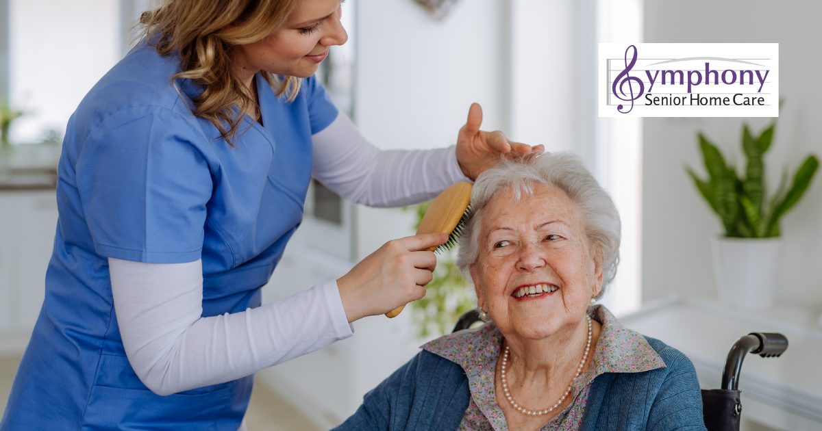 Caregiver brushing an elderly woman’s hair at home, providing compassionate personal grooming support.