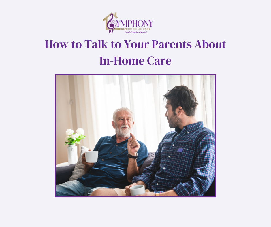 Adult son and elderly father sitting together having coffee and talking about in-home care