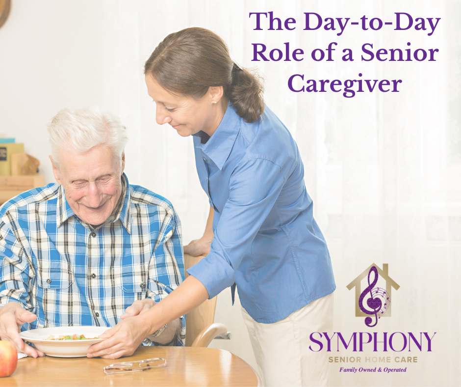 The Role of a Senior Caregiver Caregiver helping a senior man with his meal at home, both smiling, representing the supportive role of a senior caregiver