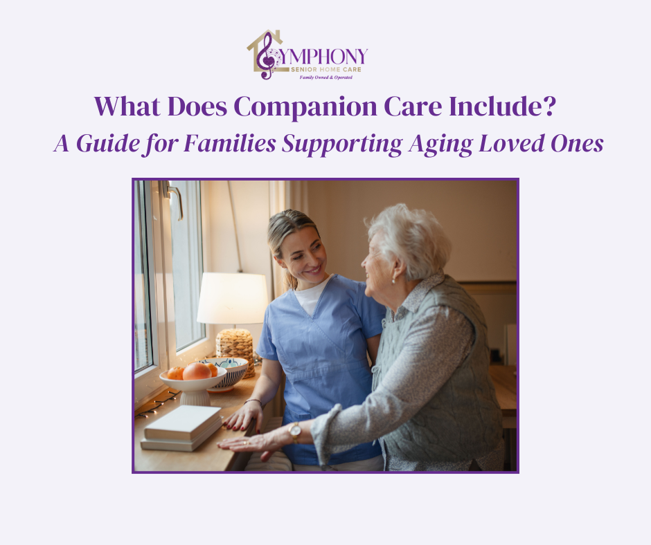 Caregiver smiling and assisting an older woman near a small stack of books, representing compassionate companion care at home.