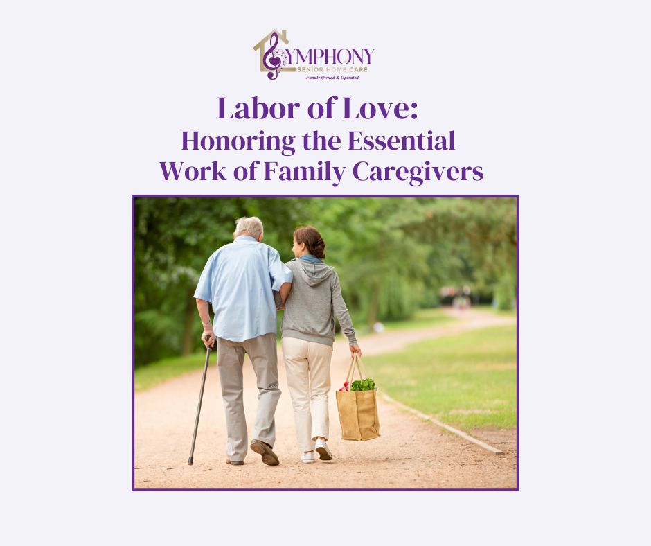 Adult daughter walking arm in arm with her senior father who uses a cane, carrying groceries along a path