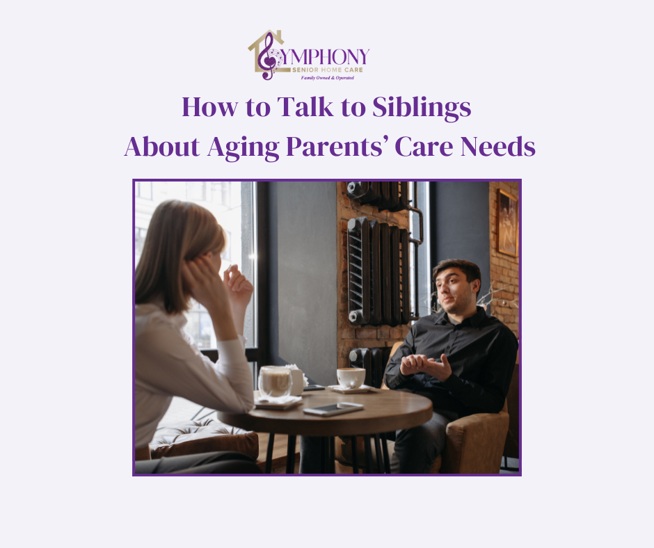 Brother and sister discussing aging parents' care needs at a coffee shop, with blog title text on image
