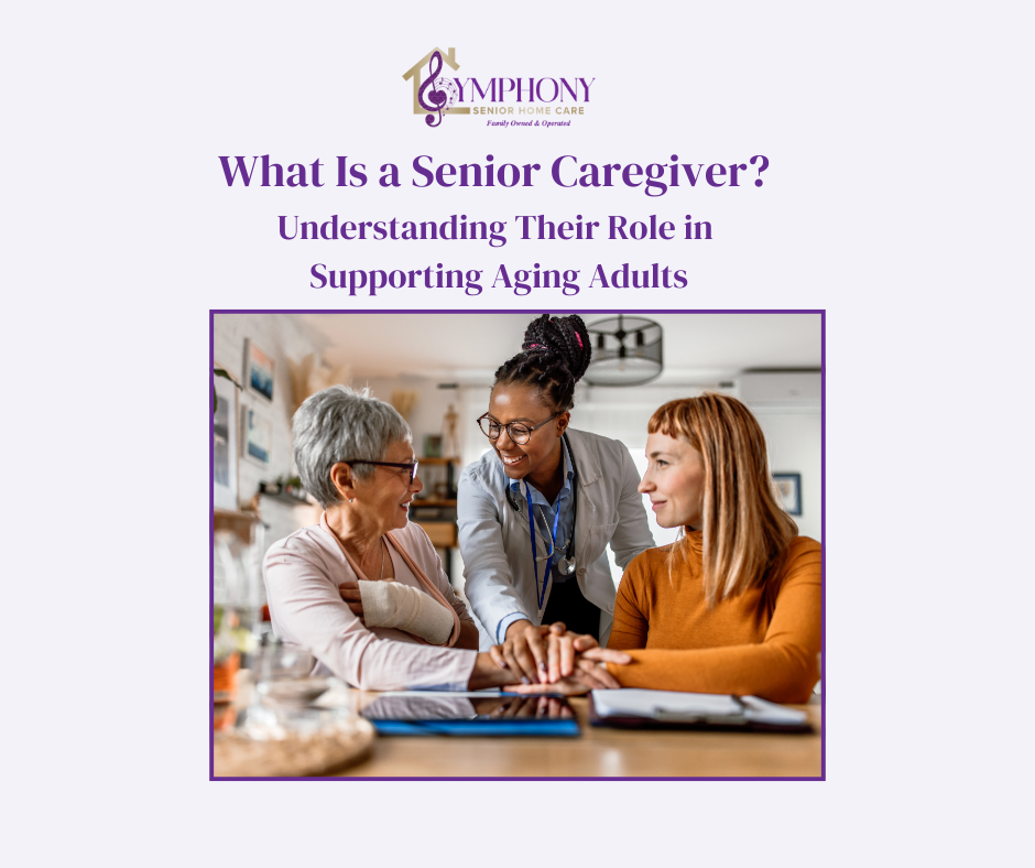 Senior caregiver holding hands with a smiling senior and their adult child at a table.