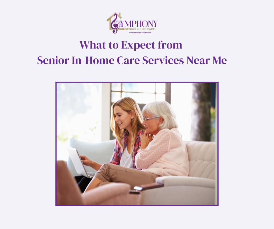 Daughter and mother doing a web search for senior in home caregiver near me while sitting on couch.