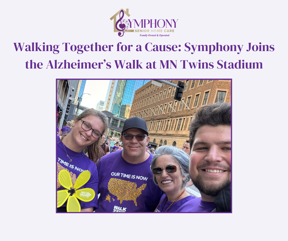 Symphony Senior Home Care team walking at the Alzheimer’s Walk MN 2025 at Minnesota Twins Stadium, raising awareness for Alzheimer’s support and research.