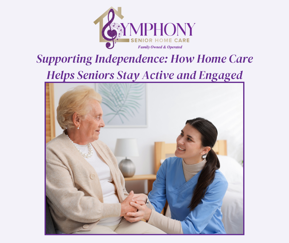 Caregiver kneeling beside a senior woman at home, holding her hand and offering support to help her stay independent and engaged.