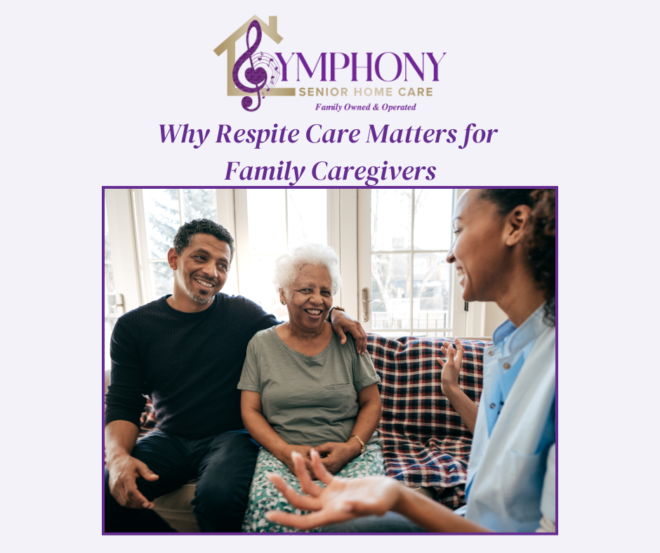 A family caregiver and his mother smiling while talking with a professional home care provider during an in-home visit.