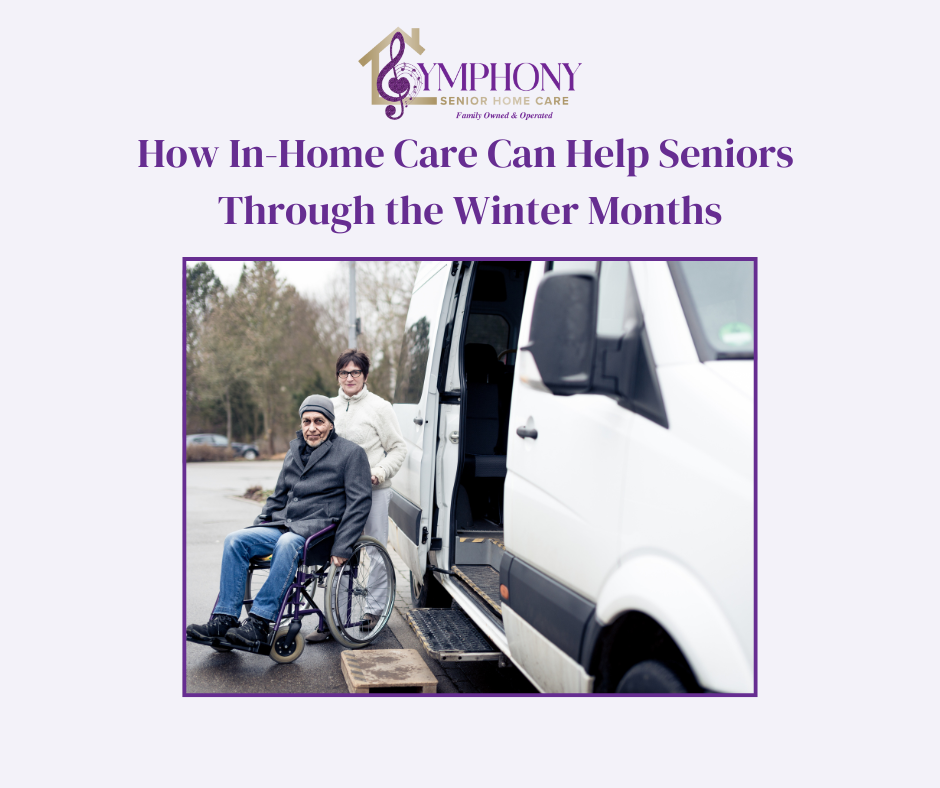Caregiver assisting a senior in a wheelchair toward a vehicle for winter appointments, providing safe and reliable transportation support.