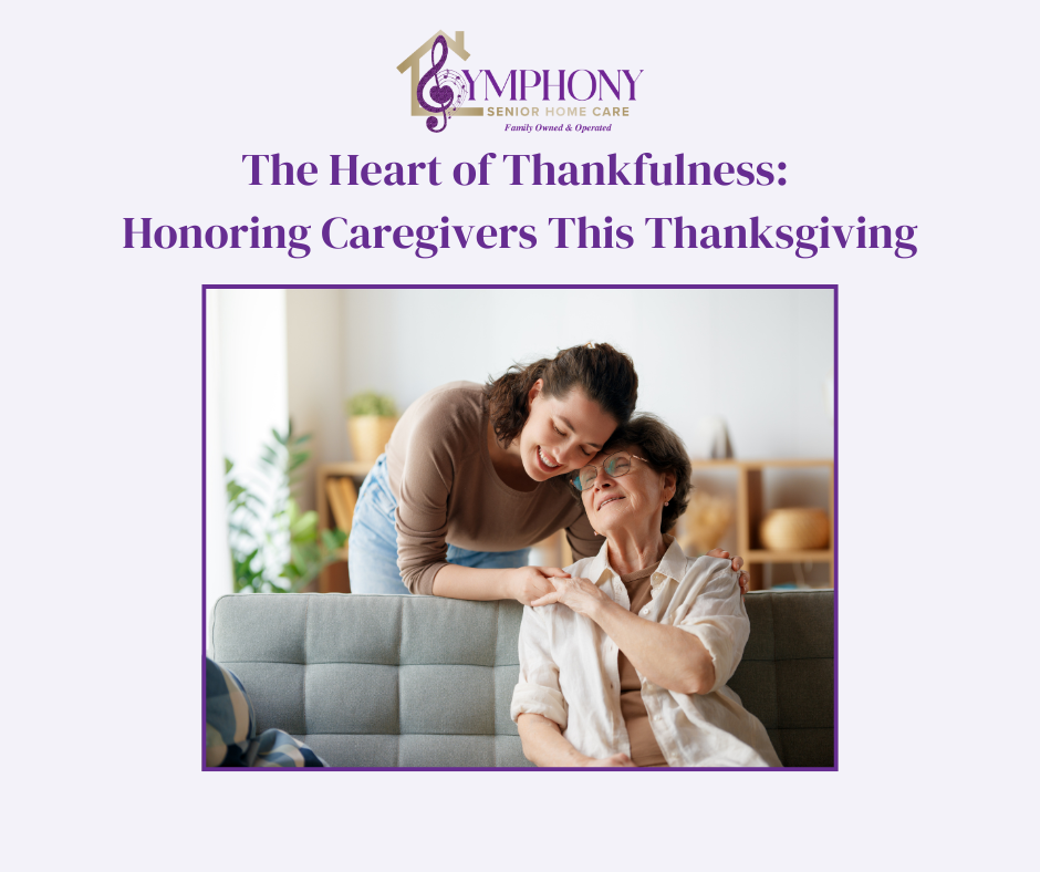 Caregiver leaning in to hug an older woman at home, sharing a warm moment of gratitude and connection during Thanksgiving.
