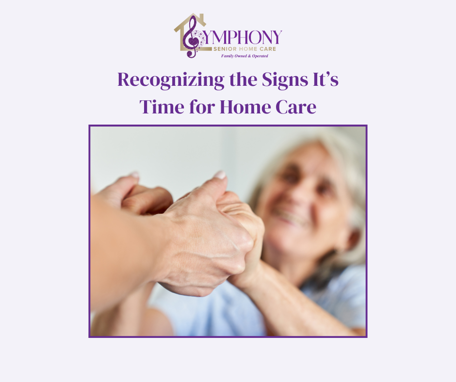 A caregiver offering steady support to an older adult by holding her hands, illustrating early signs an aging parent may need home care.
