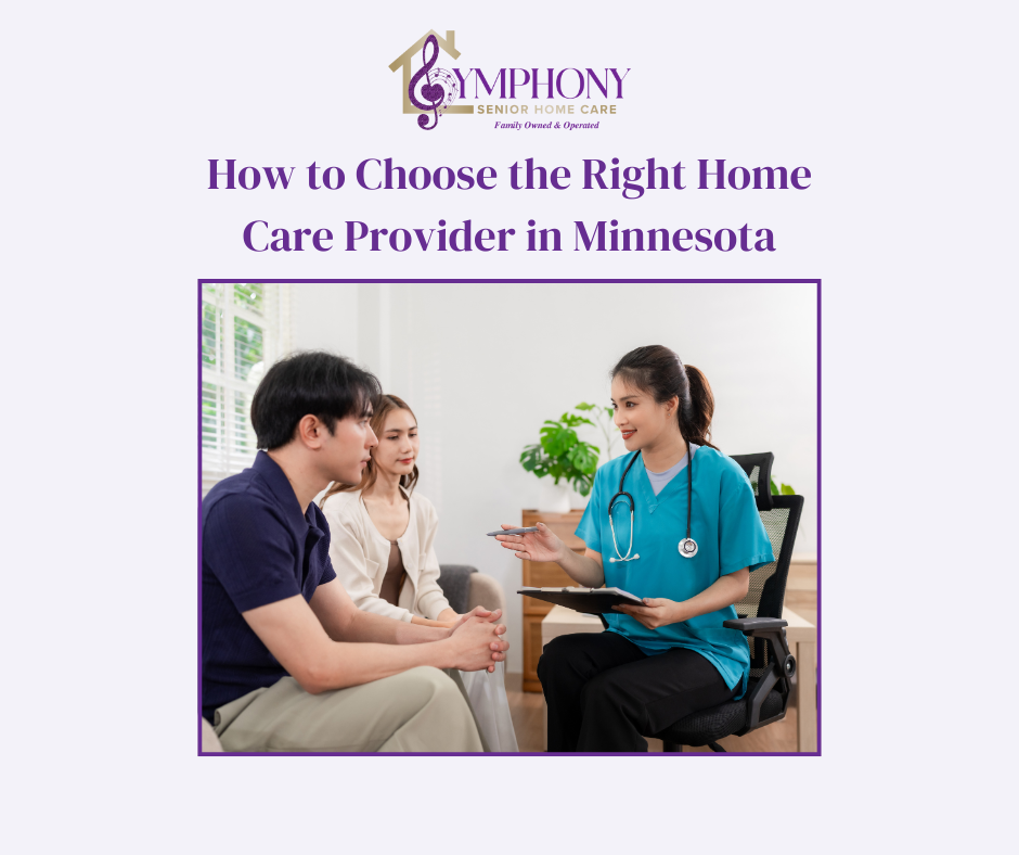 A caregiver sitting with an adult couple in their home, discussing care options and helping them understand how to choose the right home care provider in Minnesota.
