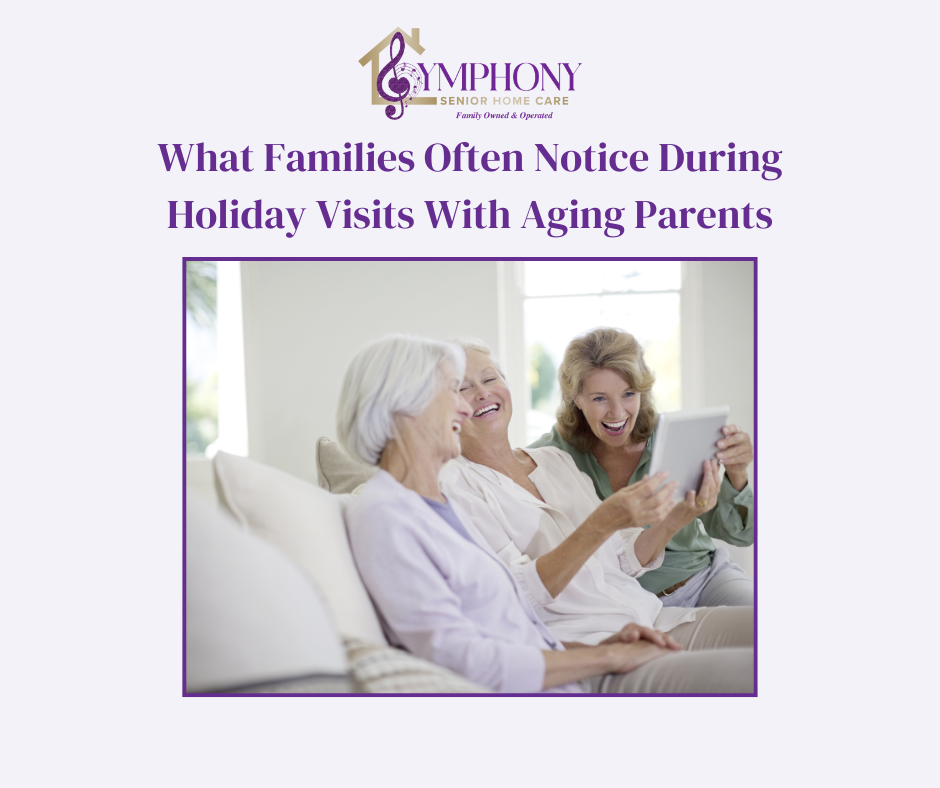 Adult daughter sitting with two aging parents on a couch during a holiday visit, sharing a moment together and noticing changes in daily routines.