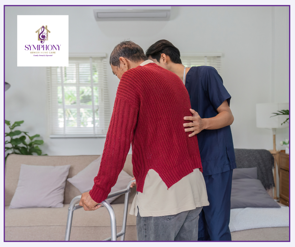 Caregiver assisting senior man walking with a walker at home in White Bear Lake, MN