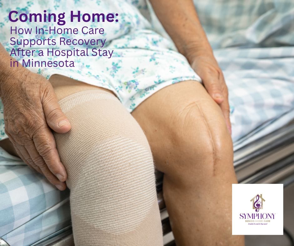 Post-Hospital Home Care in Minnesota | Senior Recovering After Knee Surgery Senior recovering at home after knee surgery with post-hospital home care support in Minnesota.