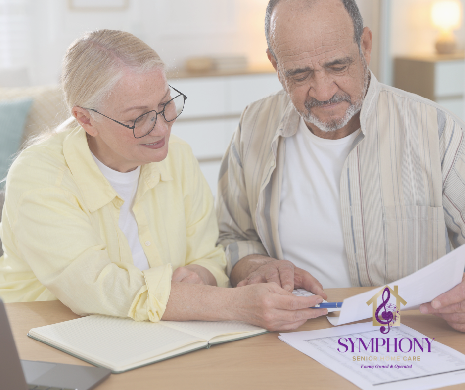 How Much In-Home Care Does an Aging Parent Need? Older couple reviewing paperwork together at home